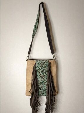Elegant Tan and Brown Crossbody Bag with Fringe